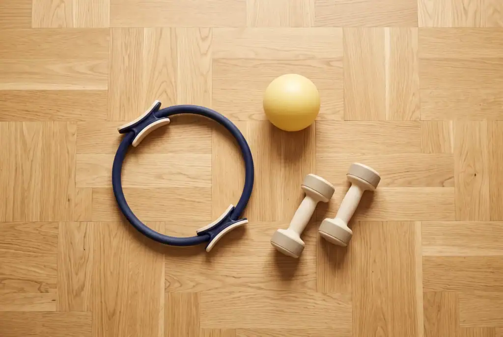 Cercle de Pilates, ballon souple et haltères légers posés sur un parquet clair