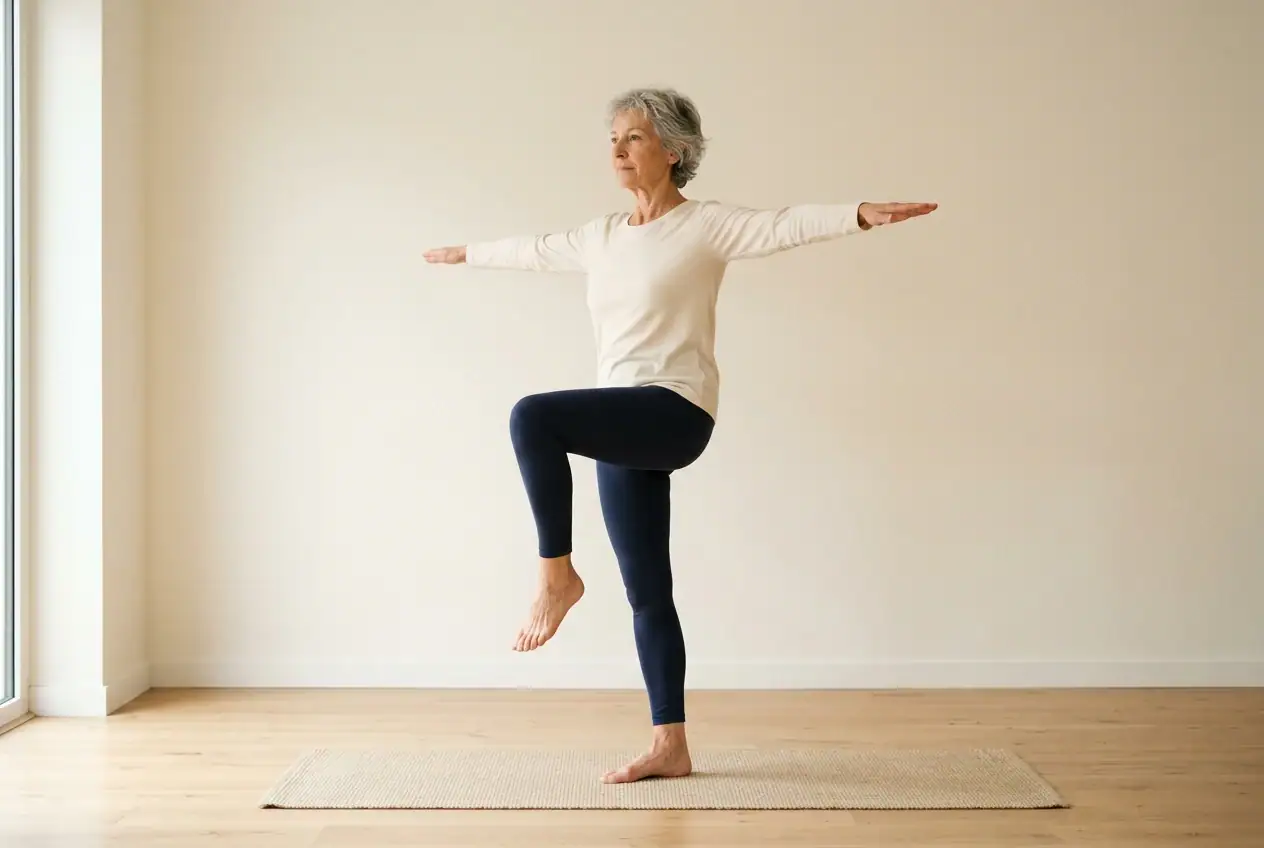 Femme d’une soixantaine d’années en équilibre sur une jambe pendant un exercice de Pilates