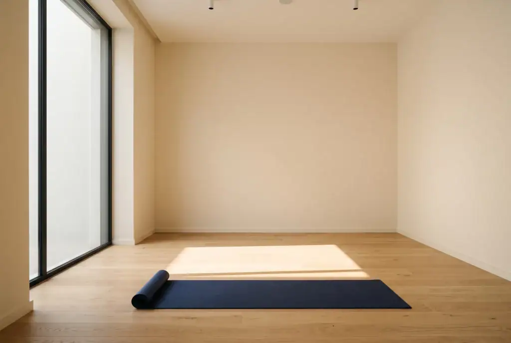 Coin du studio avec un tapis déroulé sur un parquet en chêne clair