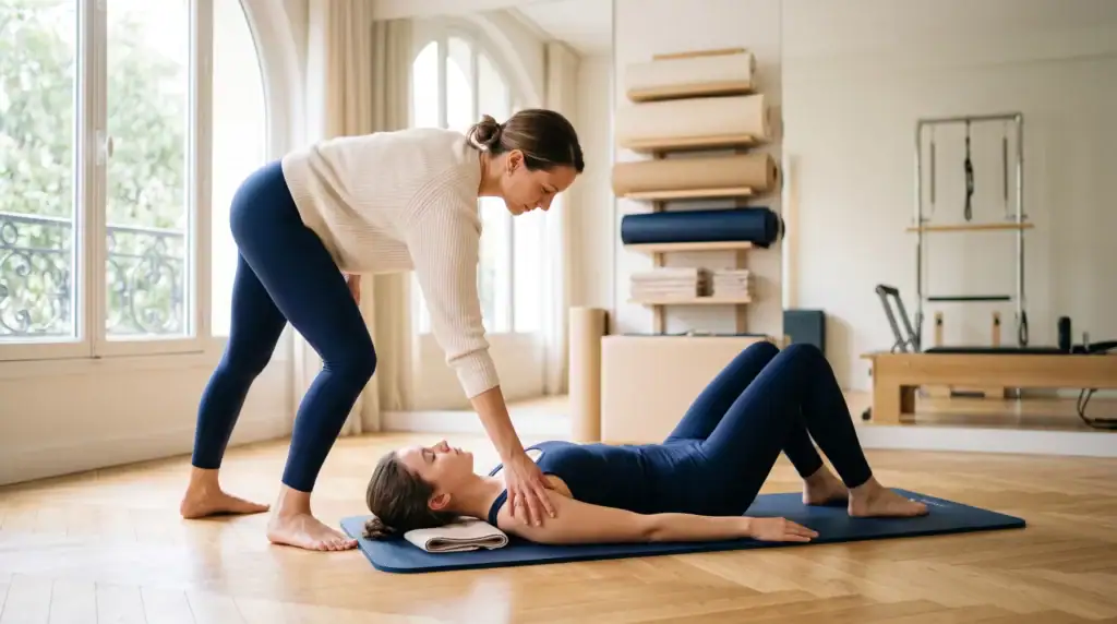 Correction de la posture par une professeure pendant un cours de Pilates