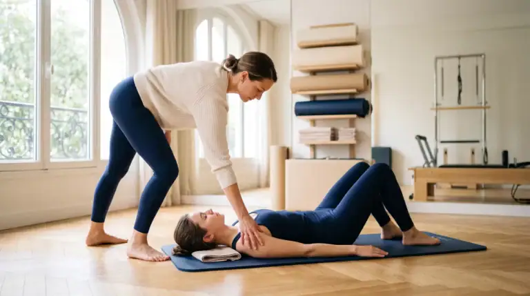 Correction de la posture par une professeure pendant un cours de Pilates