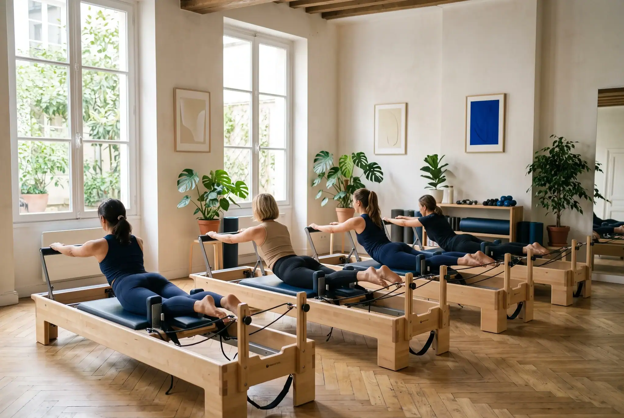 Quatre personnes en cours collectif de Pilates sur Reformer dans un studio lumineux