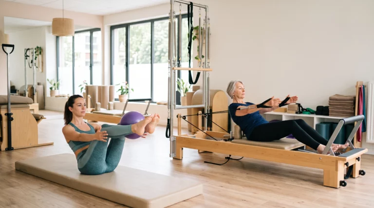 Deux femmes pratiquant le Pilates dans un studio lumineux : l'une en Teaser au sol avec un ballon, l'autre sur un Reformer.