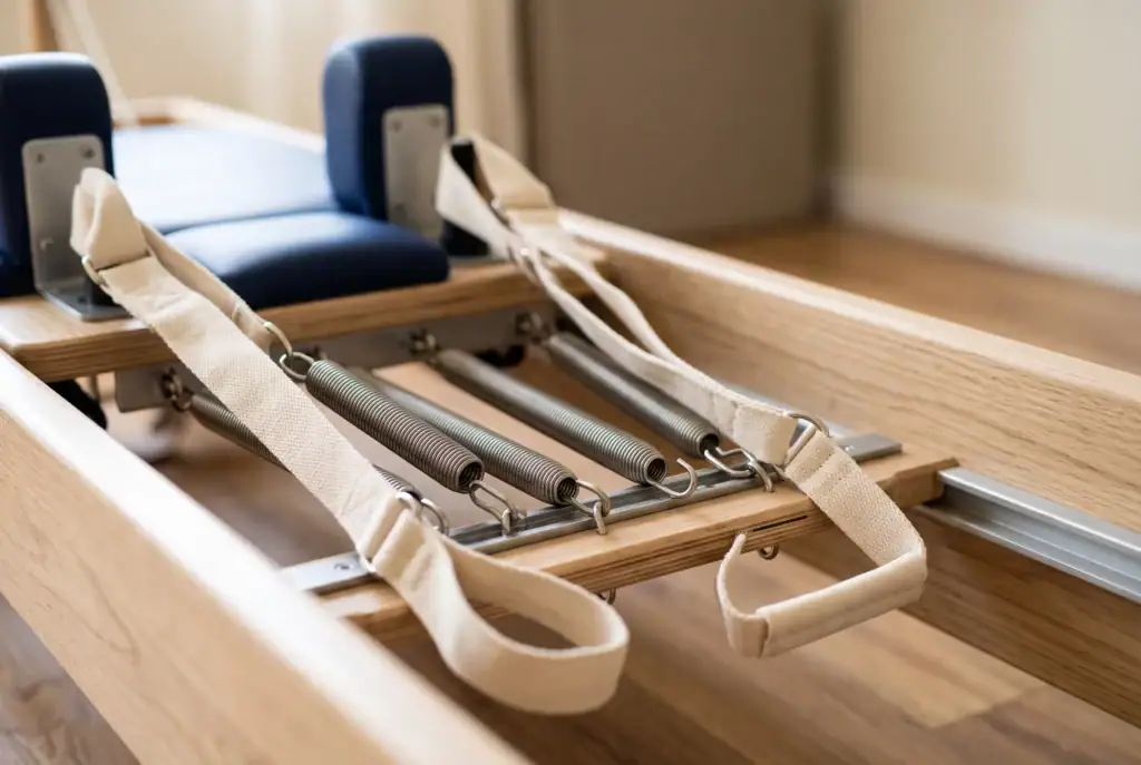 Gros plan sur les ressorts et les sangles d’un Reformer de Pilates en bois clair