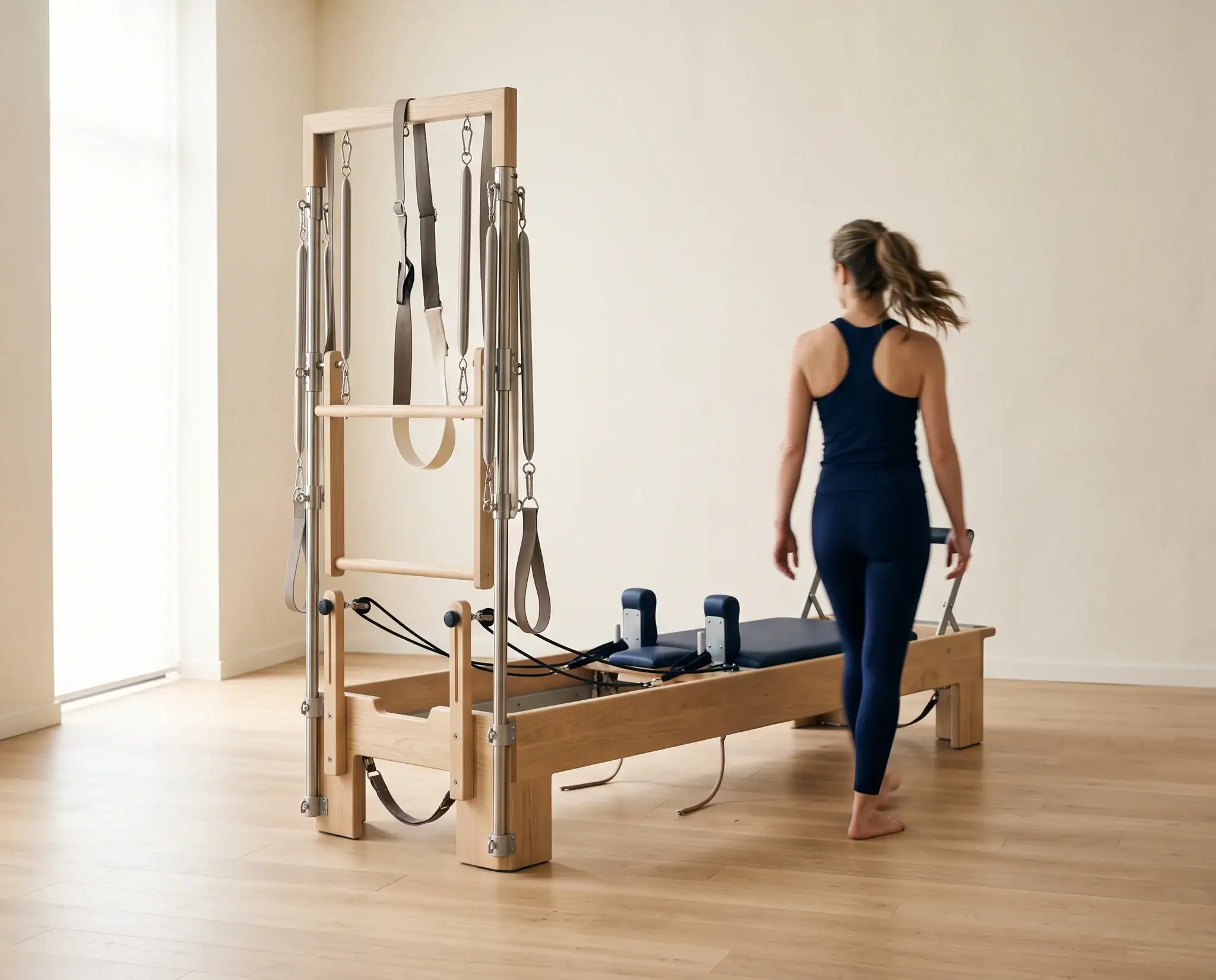 Intérieur lumineux du studio La Voie du Pilates à Besançon, reformer en bois clair et sol en chêne