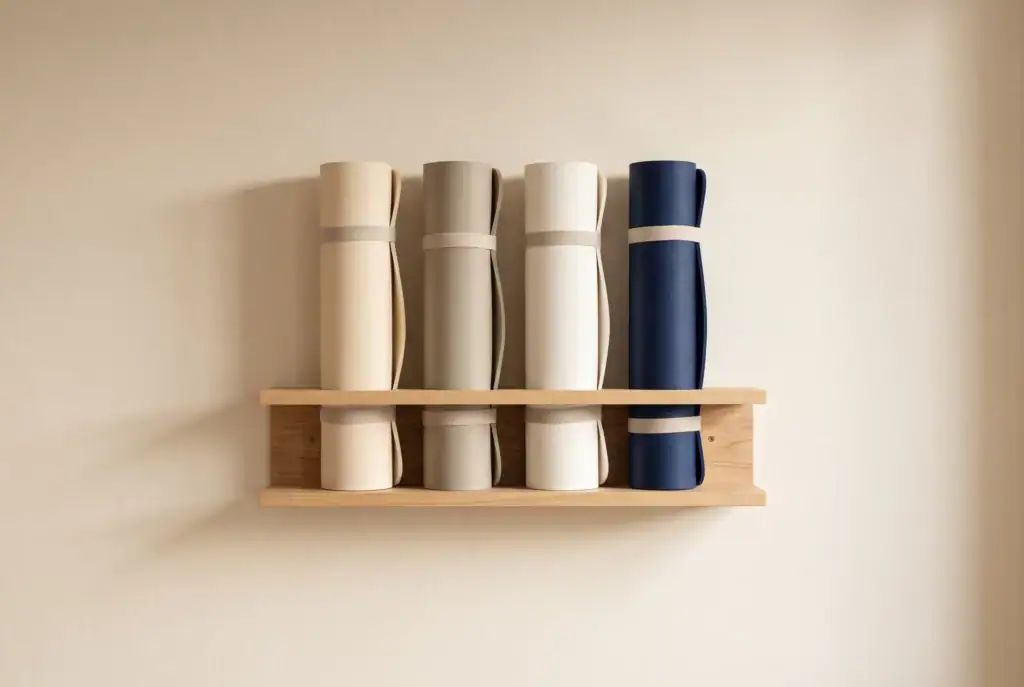 Tapis de Pilates roulés sur une étagère en bois clair